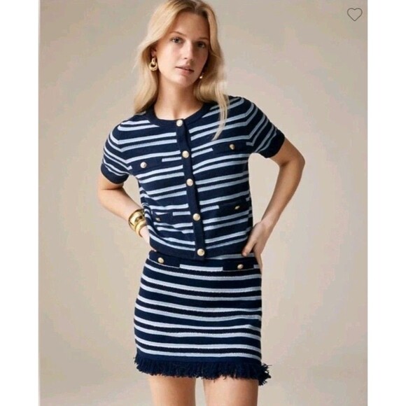 J.Crew Cashmere Short Sleeve Cardigan in Blue Stripes Gold Buttons Nautical XL - Picture 2 of 13
